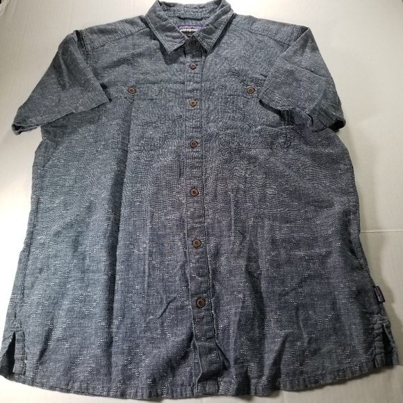 Patagonia Shirt Mens Large Back Step Blue Button Up Hemp Cotton Geometric Short - Picture 2 of 8